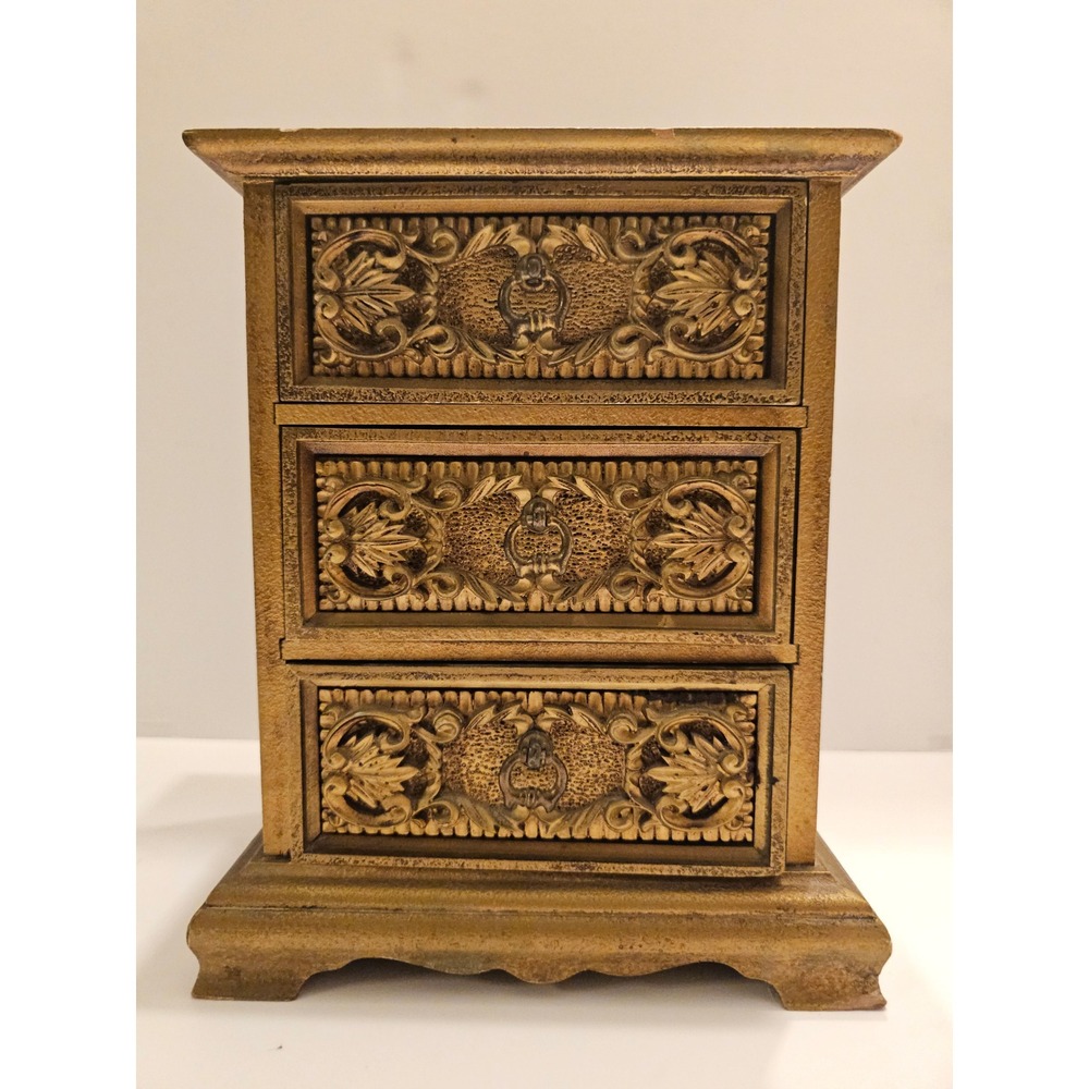 Vintage Royal Sealy Carved‎ 3 Drawer Trinket Box Jewelry Music Box Gold Tone
